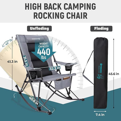 FUNDANGO Oversized Rocking Camping Chair for Adults, High Back Padded Folding Lawn Chairs with Pillows, Wide Armrest, 2 Cup Holders, Carry Bag for Patio Garden Outdoor Supports 440Lbs (Grey)