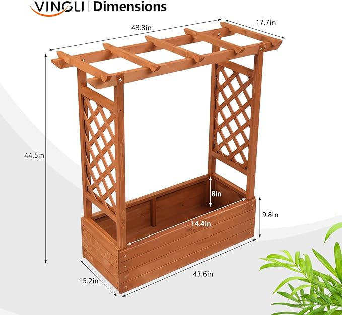 VINGLI Raised Garden Bed with Trellis & Hanging Roof, Wooden Garden Bed, Outdoor Planter Box for Yard, Garden, Balcony
