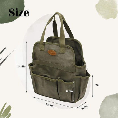 Waxed Canvas Utility Tote Bag, Large Capacity Multi-Pocket Garden Tool Bag, Heavy Duty Waterproof Work Tote for Camping, Gardening, Organizer Storage Bag for Men Women, Army Green