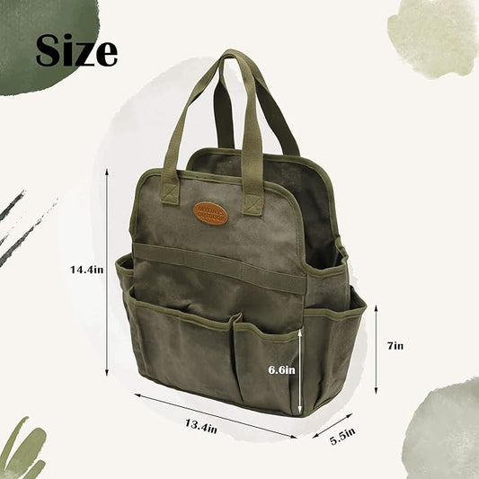 Waxed Canvas Utility Tote Bag, Large Capacity Multi-Pocket Garden Tool Bag, Heavy Duty Waterproof Work Tote for Camping, Gardening, Organizer Storage Bag for Men Women, Army Green