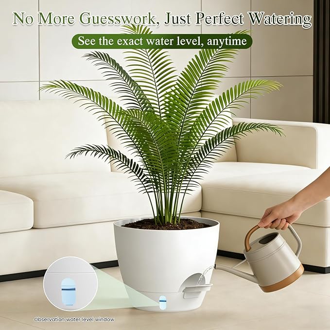 Plant Pots, 1 Pack 12 Inch Self Watering Pots with Drainage Holes, Water Level Indicator Deep Reservoir, Large Planters for Indoor Outdoor Plants - White