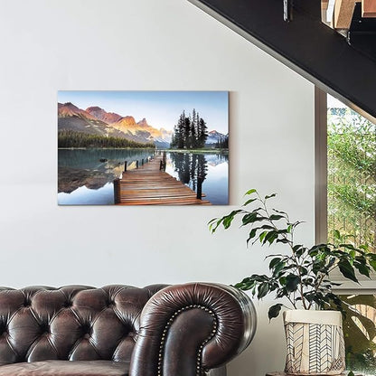 Lake Boardwalk Canvas Wall Art: Nature Mountain Sunset Scenic Artwork Woodland Water Print Picture for Bedroom