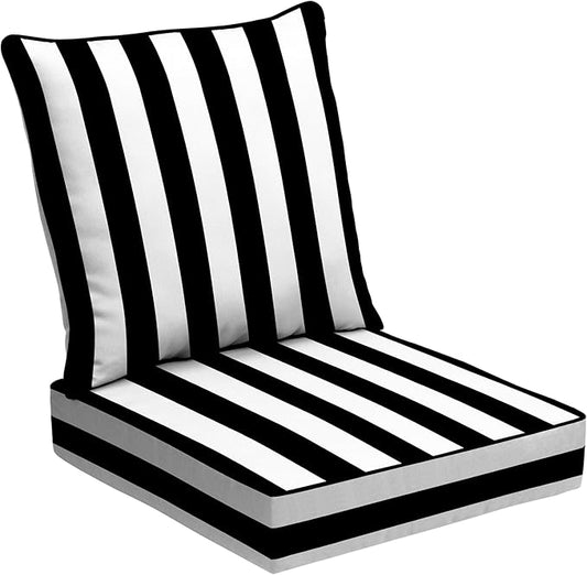 Arden Outdoor Foam Deep Seat Cushion Set, 24 in x 24 in, Weather-Proof, Rain-Proof, Fade Resistant Patio Cushion, Bottom and Back Cushion for Chair, Sofa, and Couch Black Cabana Stripe