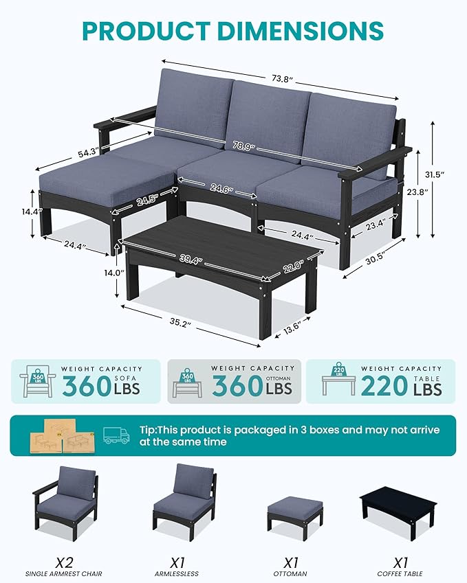 SERWALL 5-Piece Patio Sofas, All-Weather HDPE Outdoor Sectional Sofa with Cushions and Coffee Table, Large Modular Patio Conversation Set for Garden, Lawn, Deck, Porch, Black Frame with Grey Cushion