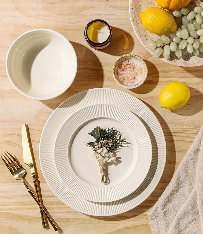 TheTerra Ceramic Dinnerware Sets for 4, 12 Pieces Porcelain Lightweight Plates and Bowls Sets, Scratch Resistant Dish Set, Oven, Microwave & Dishwasher Safe, Ivory