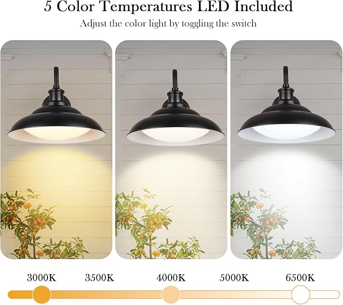LED Outdoor Barn Lights, 12 Inch Farmhouse Exterior Wall Light Fixtures with Adjustable Color Temperature, Black Porch Lights Outside for House, Outdoor & Indoor, White Interior, 1 Pack