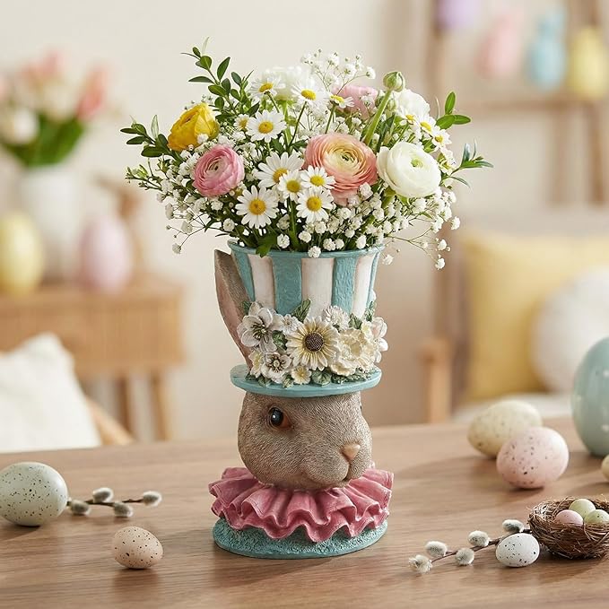 Easter Bunny Vase for Flowers, 11.2"H Resin Blue Cute Decorative Rabbit Head Statue Table Centerpiece Mantel Desk Top Home Decorations Indoor, Spring Planters for Outdoor Plants, Garden Decor
