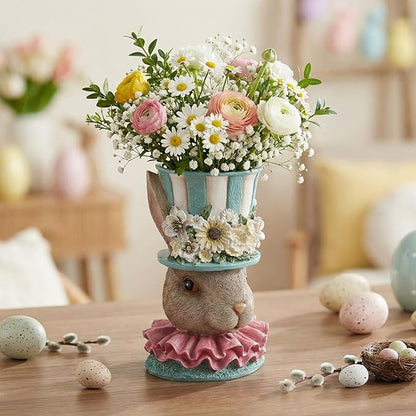 Easter Bunny Vase for Flowers, 11.2"H Resin Blue Cute Decorative Rabbit Head Statue Table Centerpiece Mantel Desk Top Home Decorations Indoor, Spring Planters for Outdoor Plants, Garden Decor