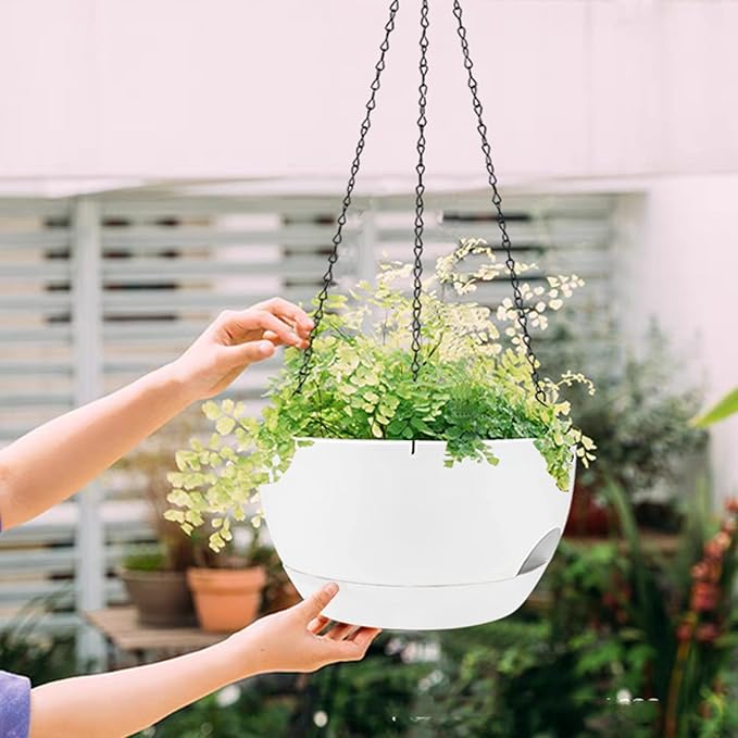 2 Pack Hanging Planters for Indoor Outdoor Plants, 12Inch Self Watering Hanging Pot with Drainage Holes and Saucer, Plastic Plant Pots, White Flower Pots for Kitchen, Balcony, Garden