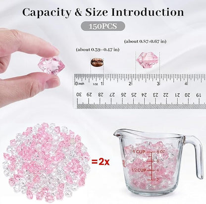 DomeStar Fake Ice, 150PCS Acrylic Fake Diamonds Vase Fillers Pink and Transparent Rocks Plastic Gems for Party Table Scatter Decor