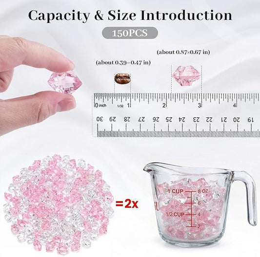 DomeStar Fake Ice, 150PCS Acrylic Fake Diamonds Vase Fillers Pink and Transparent Rocks Plastic Gems for Party Table Scatter Decor