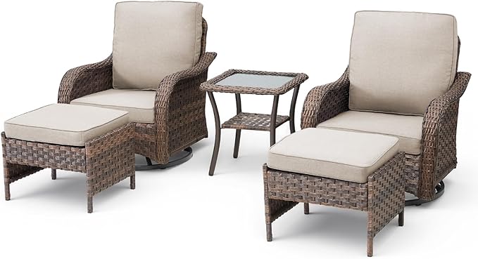 Patio Wicker Chairs Swivel Rocker Outdoor Rocking Chairs Set of 5 Rattan Furniture Set with Thick Cushion, Side Tables, Ottomans for Balcony Deck Backyard, Beige