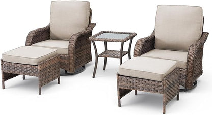 Patio Wicker Chairs Swivel Rocker Outdoor Rocking Chairs Set of 5 Rattan Furniture Set with Thick Cushion, Side Tables, Ottomans for Balcony Deck Backyard, Beige