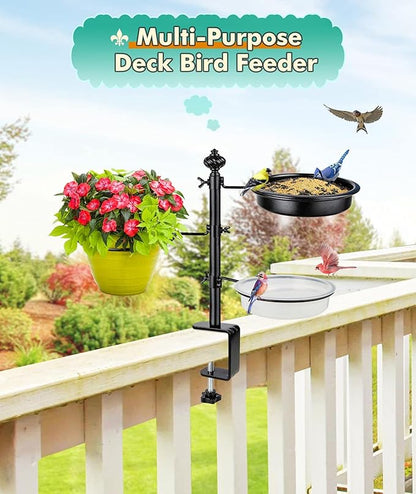 Deck Bird Feeder for Railing, BOLITE Balcony Bird Feeders for Outside, Three Trays, Enhanced Version, Black, Birthday Gifts for Women Men, Gifts for Mom Dad