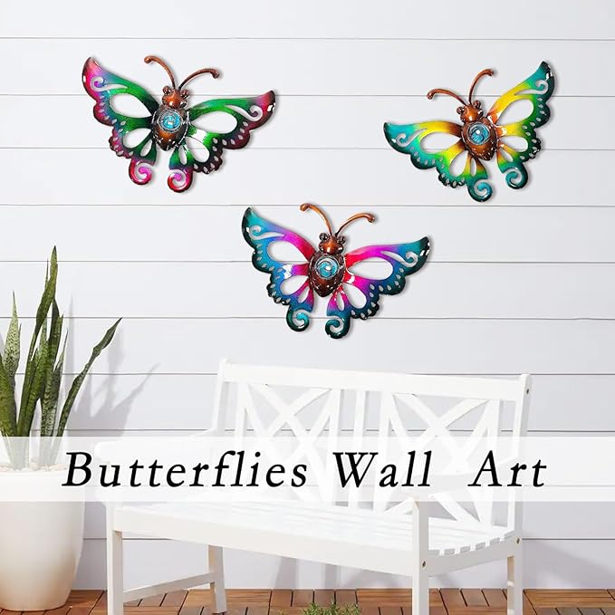 Garden Decor Clearance Metal Butterfly Wall decor 3D Wall Art Hanging Sculpture for Patio Fence, Set of 3, 9 inch, Indoor Outdoor Gift for Family