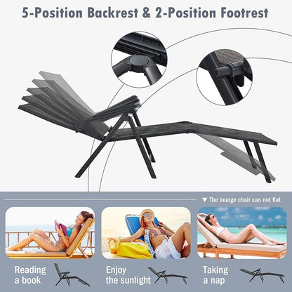 Tangkula Folding Lounge Chair Outdoor, Recliner Chaise Lounge with 5-Position Adjustable Backrest & 2-Position Footrest, No Assembly Required, Suitable for Patio Poolside Beach Yard (1, Grey)
