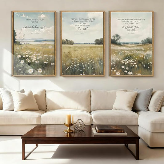 Anyzal Large Christian Framed Wall Art 16x24 Inch Bible Scripture Canvas Wall Decor Easter Farmhouse Wildflower Paintings Set of 3 for Living Room Bedroom Dining Room