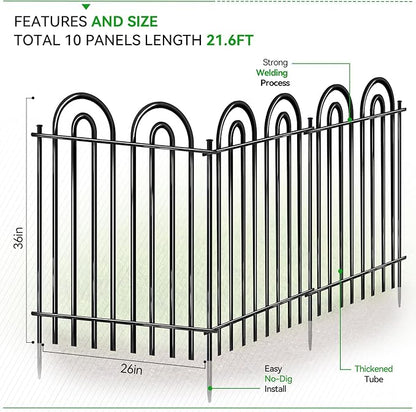 10 Panels Garden Tube Fence with Gate, 36in(H)×21.6ft(L) Tall No Dig Fence Animal Barrier, Heavy Duty Metal Decorative Garden Edging Border, Ground Defense Temporary Fencing for Outdoor Yard, Black