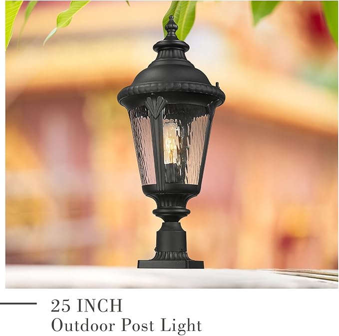 Emliviar 25" Lamp Post Light Fixture with Water Ripple Glass, Waterproof Outdoor Pole Light in Black Finish for Yard and Garden, XE265P-SW BK