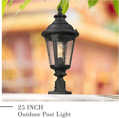 Emliviar 25" Lamp Post Light Fixture with Water Ripple Glass, Waterproof Outdoor Pole Light in Black Finish for Yard and Garden, XE265P-SW BK