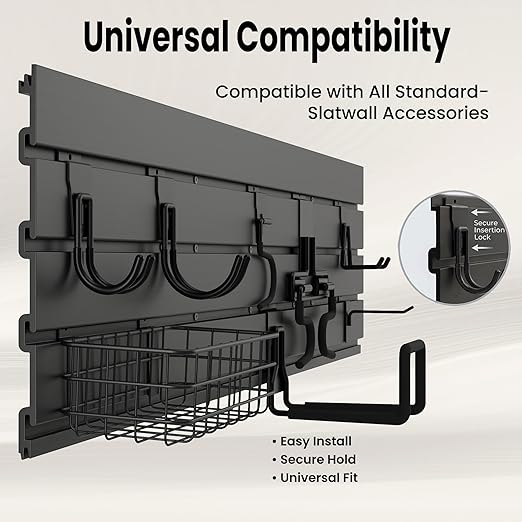 SMARTSTANDARD Slatwall Panel 4x8 FT, Garden Wall Organizer with 31 Garden Tool Hooks & Baskets,Heavy Duty PVC Slat Wall Panels for Gardening, Easy to Install & DIY Cutting (Black)