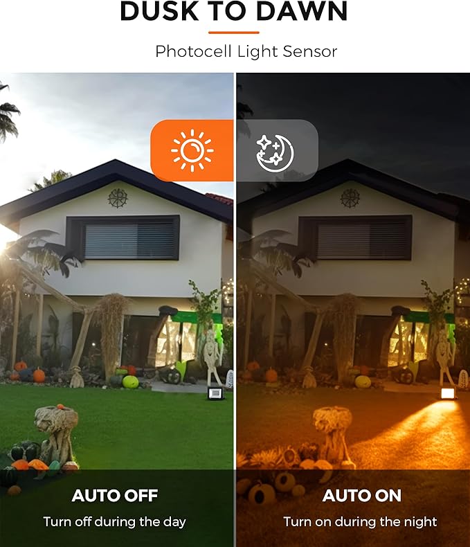 L LOHAS LED Orange Christmas Halloween Flood Light Outdoor, 𝑨𝒖𝒕𝒐 𝑶𝑵/𝑶𝑭𝑭 50W Plug in Flood Lights, IP66 Waterproof 2300lm Outdoor Lights for Yard, Garage, Party, UL Listed, 2 Pack