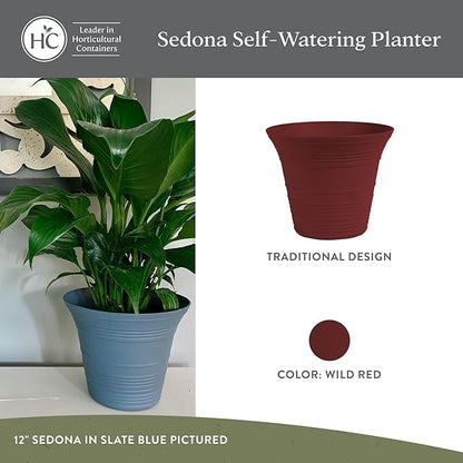 The HC Companies 14 Inch Sedona Round Self Watering Planter Pots, Lightweight UV-Resistant Plastic Indoor & Outdoor Planters, 2-Pack Flower Pots for Garden & Home Decor, Wild Red