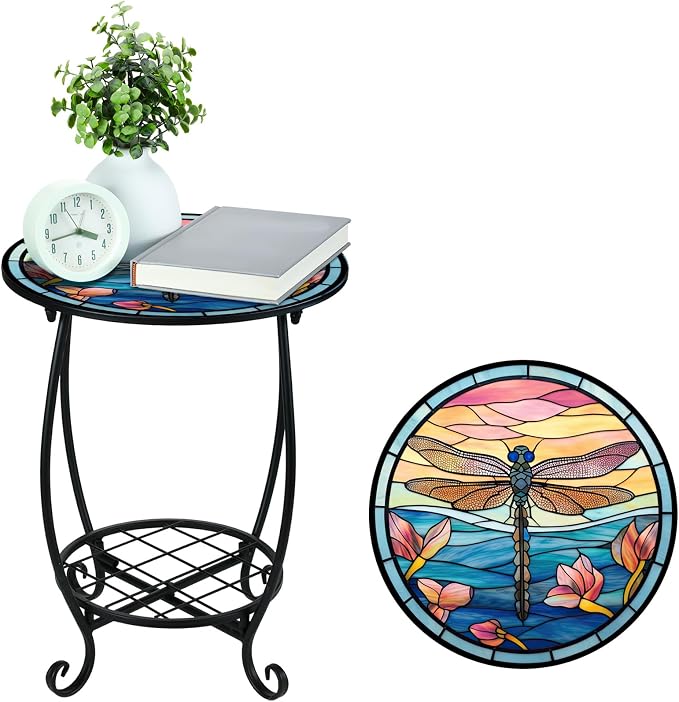 Cinnvoice Outdoor Side Table Round Small Mosaic Patio Accent Indoor End Plant Coffee Tea Table for Yard Patio Porch Garden Living Room, Bedroom(Dragonfly Style,14 Inch)