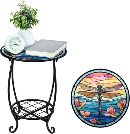 Cinnvoice Outdoor Side Table Round Small Mosaic Patio Accent Indoor End Plant Coffee Tea Table for Yard Patio Porch Garden Living Room, Bedroom(Dragonfly Style,14 Inch)