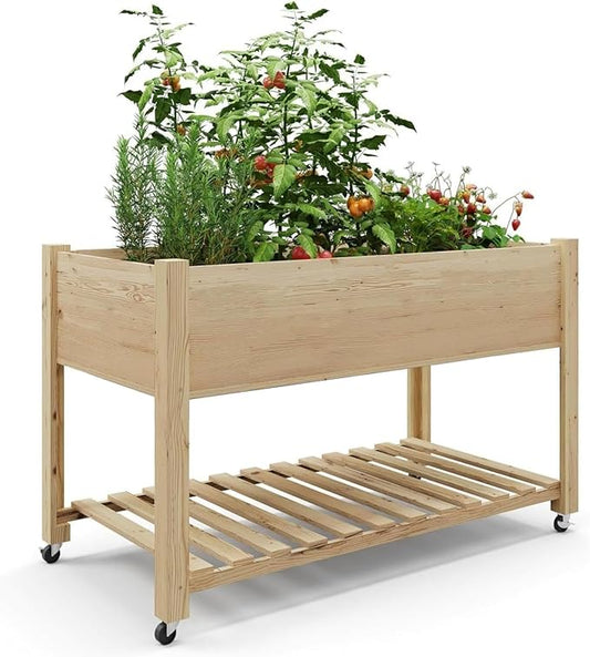 GarveeHome Raised Garden Bed 48x24x32 in Mobile Elevated Wood Planter Raised Beds w/Lockable Wheels, Storage Shelf, and Protective Liner for Indoor/Outdoor Gardening,Natural