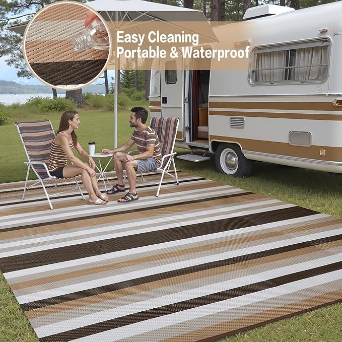 HUGEAR Outdoor Waterproof Rug 8'x10' Plastic Straw Rugs Washable Reversible Floor Mat Brown Stripe Carpet for Camping RV Deck Entryance Porch Picnic Balcony Beach Backyard