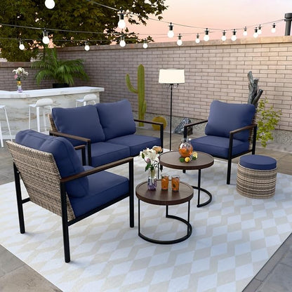 COOS BAY Sand Dune 5 Piece Wicker Patio Furniture Set, Rattan Outdoor Furniture with Nesting Tables, Chairs, Loveseat, Coffee Tables, and Ottoman, Brown/Blue