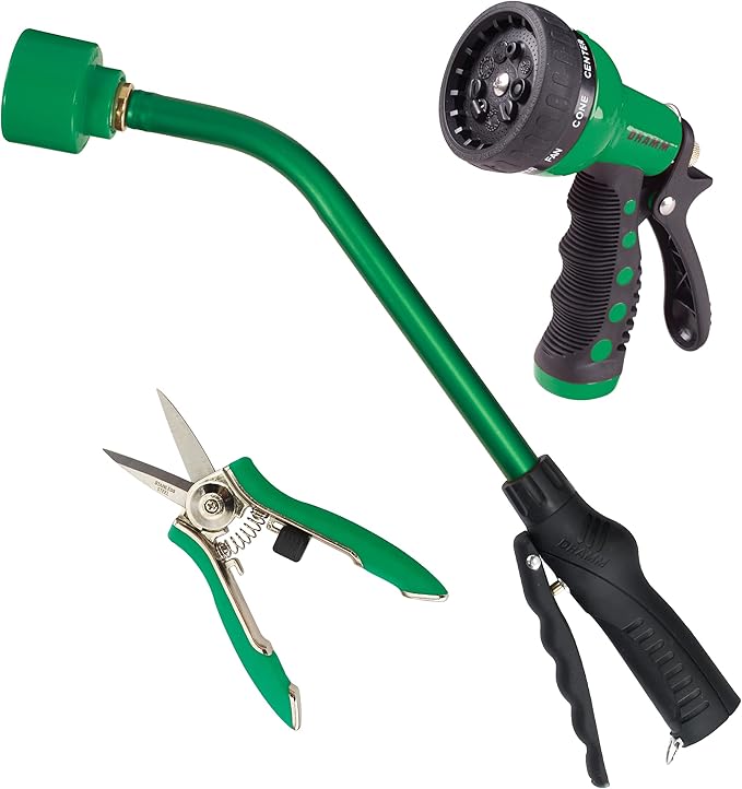 DRAMM Watering and Tool Set In Green Includes 16-Inch Touch 'N Flow Pro Rain Wand, 9-Pattern Revolver Spray Gun, and Compact Shear