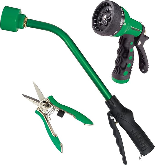 DRAMM Watering and Tool Set In Green Includes 16-Inch Touch 'N Flow Pro Rain Wand, 9-Pattern Revolver Spray Gun, and Compact Shear