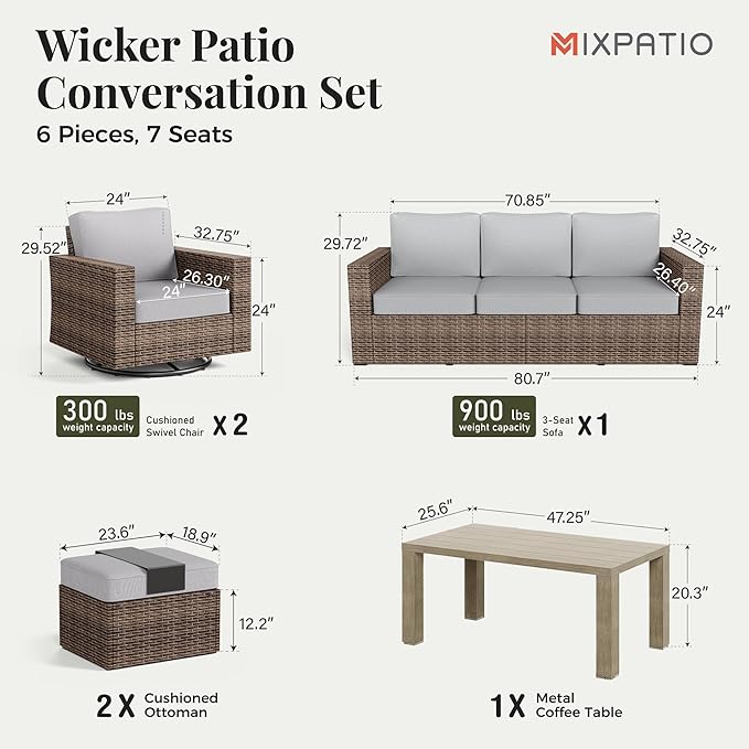 Patio Furniture Set, 6 Pieces Outdoor Furniture Sets, Wicker Conversation Set with Swivel Rocker Chairs, Ottomans and Coffe Table, High Back Conversation Set Garden, Grey