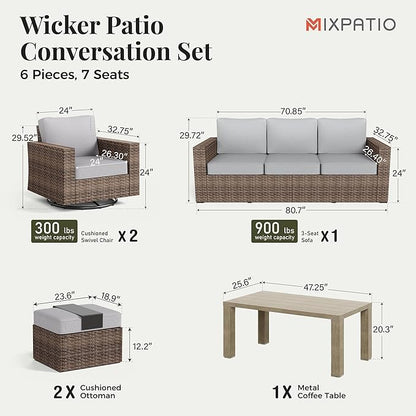 Patio Furniture Set, 6 Pieces Outdoor Furniture Sets, Wicker Conversation Set with Swivel Rocker Chairs, Ottomans and Coffe Table, High Back Conversation Set Garden, Grey
