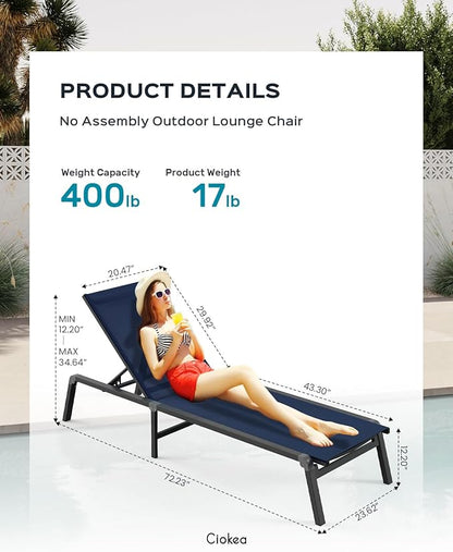 Patio Chaise Lounge Chair Set of 4, Foldable Lounge Chair for Outside, Aluminum Chairs with 5 Adjustable Backrest, Outdoor Pool Lounger for Poolside, Lawn, Deck, Navy Blue