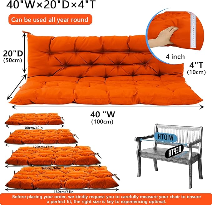 Outdoor Swing Cushions 3 Seater Waterproof, Replacement Bench Cushions for Outdoor Patio Furniture with Backrest, Porch Swing Cushion with Ties for Lawn and Garden (Orange, 40x40in)