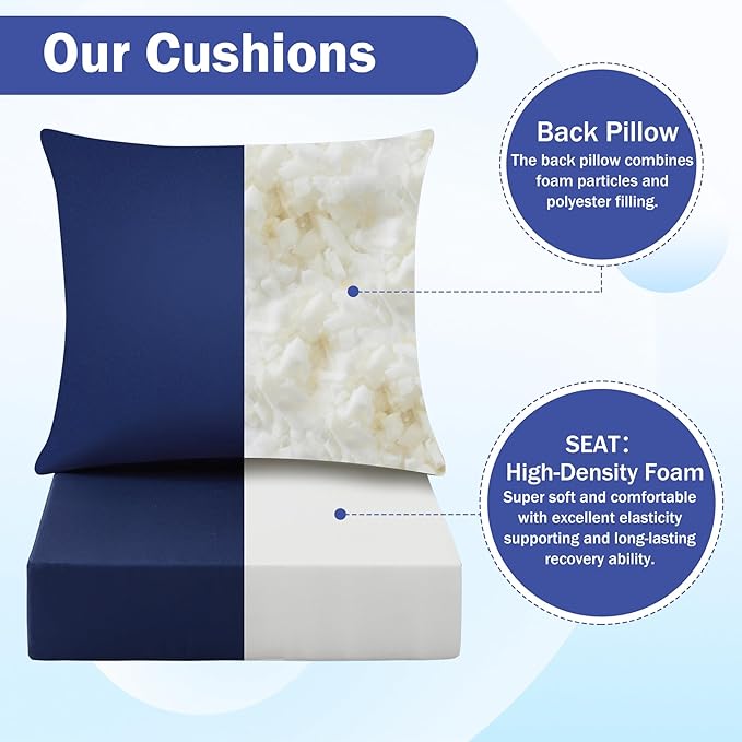 IASEAHK Outdoor Seat Cushion Set, Waterproof & Fade Resistant Patio Chair Cushions, Outdoors Cushion for Patio Furniture, 24 x 24 x 4 Inch, Outdoor Couch Cushions with Handle and Ties, Navy Blue