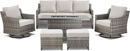 Patio Furniture Set with 42.5" Fire Pit Table-6 Pieces All Weather Wicker Outdoor Furniture with High Back Swivel Patio Chairs Set of 2 Outdoor Couch for Deck Balcony Backyard Beige/Gray