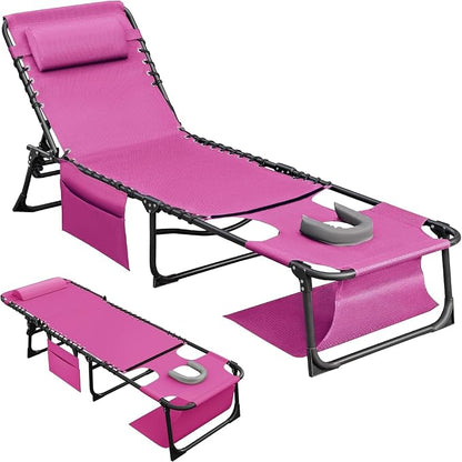 Flamaker Oversize Face Down Chaise Lounge Chair, 27 Inch WideFoldable Outdoor Patio Chair, 5-Position Adjustable Tanning Chairwith Face& Arm Holes for Sunbathing, Pool, Beach, Lawn (Pink, 1Pcs)