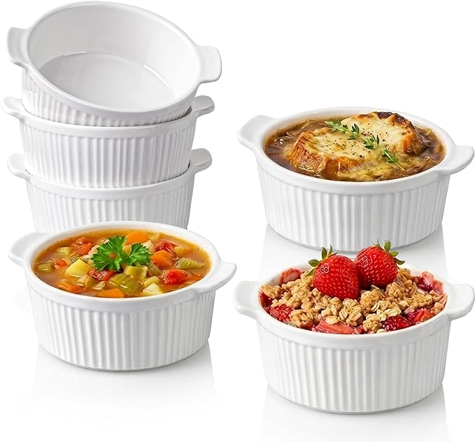 Delling Ramekins with Handle, 6 PACK Soup Bowls for French Onion Soup, Pot Pie, Lava Cakes, Creme Brulee, 12 Oz Porcelain Souffle Dish for Baking, White
