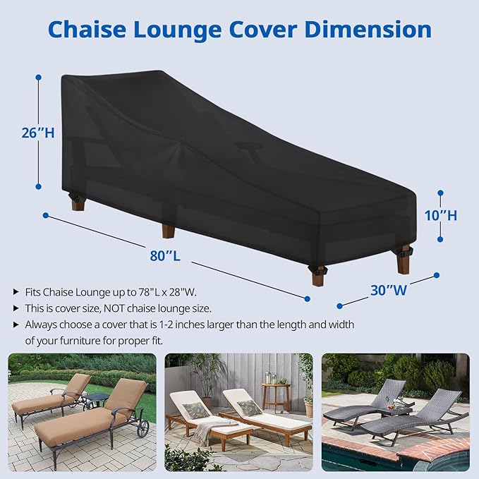 SunPatio Waterproof Outdoor Chaise Lounge Cover , 2 Pack Patio Lounge Chair Covers with Windproof Buckle Straps, UV & Rip & Fade Resistant, All Weather Protection, 80"L x 30"W x 26"H, Black