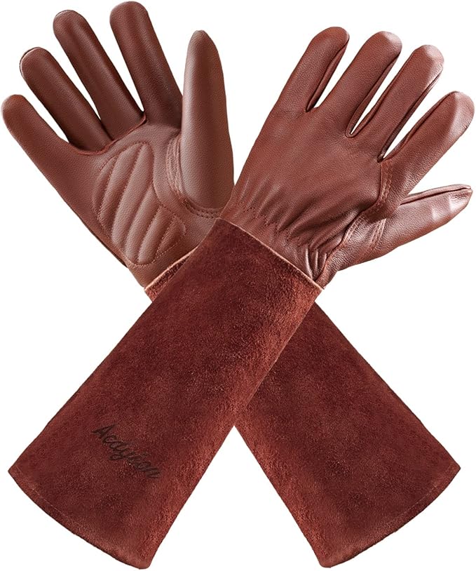 Thorn Proof Gardening Gloves for Men & Women, Long Cowhide Leather Rose Pruning Gloves with Forearm Protection, Puncture Resistant Gauntlets for Cacti, Blackberries & Yard Work(chocolate brown,Small)