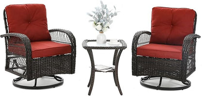 3 Pieces Patio Furniture Set, Outdoor Swivel Glider Rocker, Wicker Patio Bistro Set with Rocking Chair, Thickened Cushions and Table for Porch (Red)