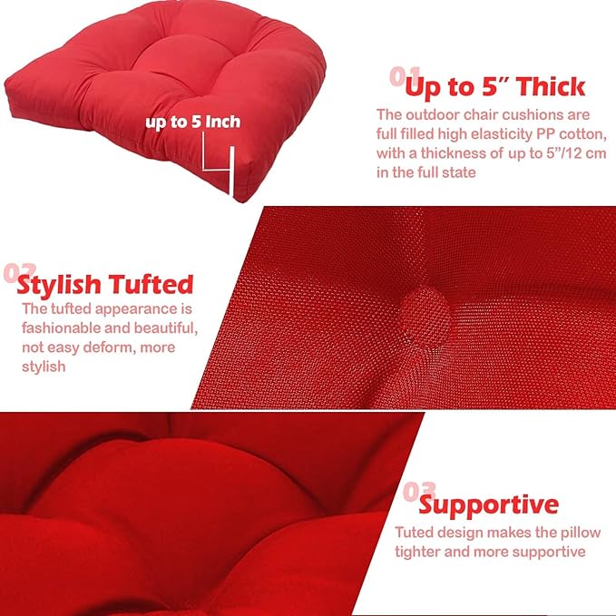 MTMR Waterproof Outdoor Chair Cushions Set of 2, 19X19 Patio Wicker Chair Cushions, Tufted Outdoor Cushions for Patio Furniture, Thick Outdoor Patio Replacement Seat Pads for Porch Lawn Chairs Red