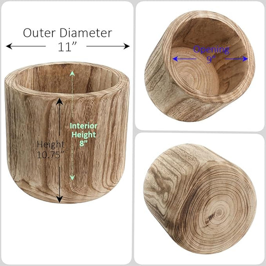 CYS EXCEL 11'' Burnt Finish Cylinder Planter Lightweight Natural Wood Cachepot for Indoor Plants, Succulents, Herbs, Home & Office Decor