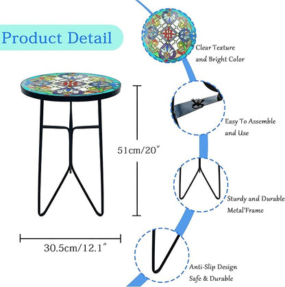 Mosaic Flower Outdoor Side Tea Table, Glass Plant Tables Decorative Metal Patio Table, Round Outdoor Tables Unique Furniture-Weather-Resistant Patio Decor, Valentine's Day Decoration Gift