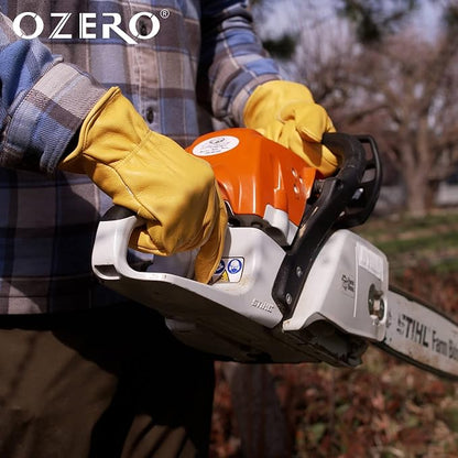 OZERO Leather Work Gloves for Men, Cowhide Gardening Gloves with Reinforced Palm, Flexible Keystone Thumb, Elastic Wrist