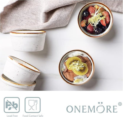 ONEMORE Ramekins 6 oz Oven Safe, Ceramic Souffle Dishes with Brown Rim, Speckled Baking Cups for Creme Brulee Pudding Custard Ice Cream Charcuterie Board Mini Bowls Set of 6 - Creamy White